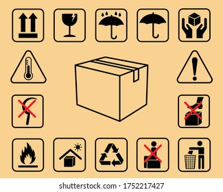 Set of packaging symbols. Vector icon set recycling, fragile, flammable, this side up, handle with care, keep dry, other symbols. Use on package, carton box.
 Used on the box or packaging and Shipping