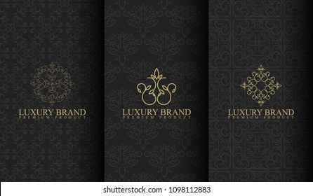 Set of packaging templates with design element ornament, label, logo. made with golden luxury flower on ornament background