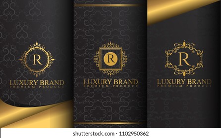 Set of packaging templates with design element ornament, label, logo. made with golden luxury flower on ornament background