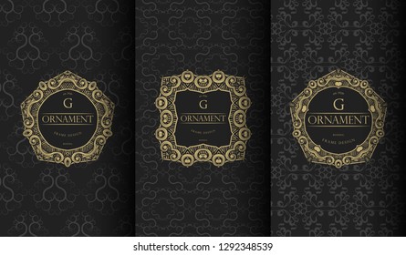 Set of packaging templates with design element ornament, label, logo. made with golden luxury flower on ornament background