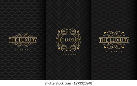 Set of packaging templates with design element ornament, label, logo. made with golden luxury flower on ornament background