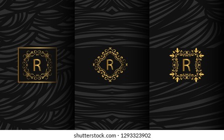 Set of packaging templates with design element ornament, label, logo. made with golden luxury flower on ornament background