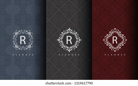 Set of packaging templates with design element ornament, label, logo. made with golden luxury flower on ornament background