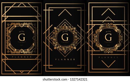 Set of packaging templates with design element ornament, label, logo. made with golden luxury flower on ornament background
