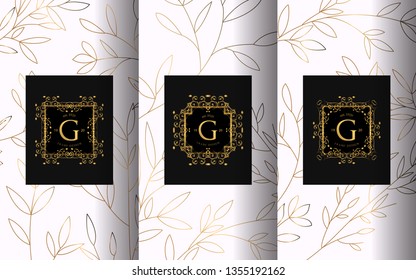 Set of packaging templates with design element ornament, label, logo. made with golden luxury flower on ornament background