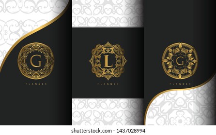 Set of Packaging Templates with Design Element Ornament, Label, Logo. Made with Golden Luxury Flower on Ornament Background. Suitable for Poster, Logo, Invitation and Luxury Concept.