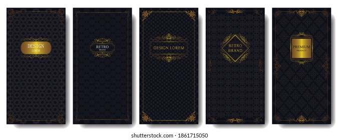 Set of packaging templates with design element ornament, label, logo. made with golden luxury flower on ornament background