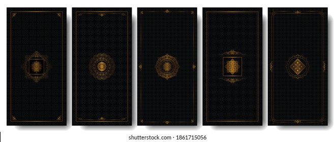 Set of packaging templates with design element ornament, label, logo. made with golden luxury flower on ornament background