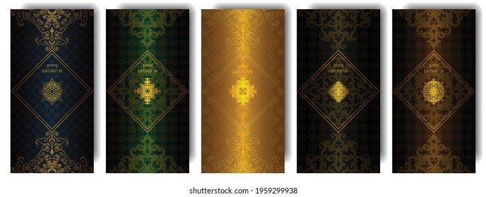 Set of packaging templates with design element ornament, label, logo. made with golden luxury flower on ornament background