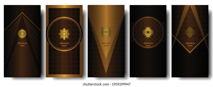 Set of packaging templates with design element ornament, label, logo. made with golden luxury flower on ornament background