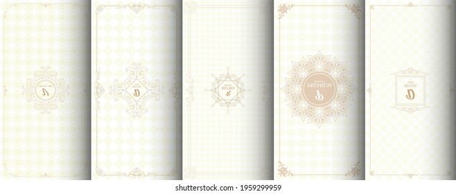 Set of packaging templates with design element ornament, label, logo. made with golden luxury flower on ornament background