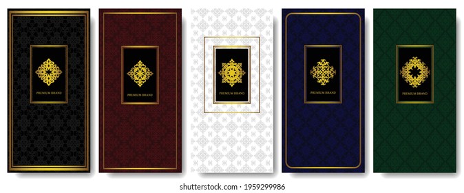 Set of packaging templates with design element ornament, label, logo. made with golden luxury flower on ornament background