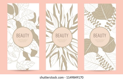 A set of packaging templates with gold floral texture for luxury products. Design template of leaflet cover, flayer, card for the hotel, beauty salon, spa, restaurant, club. Vector illustration