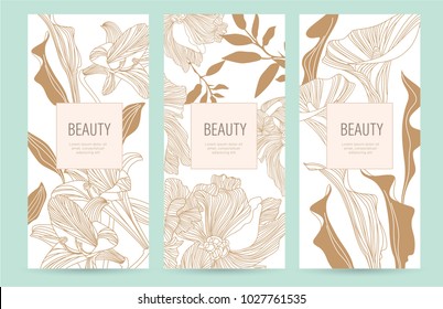 A set of packaging templates with gold flowers for luxury products. Design template of leaflet cover, flayer, card for the hotel, beauty salon, spa,restaurant. Vector illustration in Japanese style