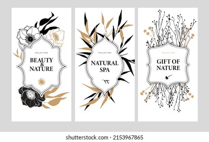 A set of packaging templates with gold leaves and flowers for luxury products. Design template of leaflet cover, packaging, card for the hotel, beauty salon, spa, restaurant.