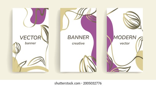 Set of packaging templates with golden flowers for luxury goods. Flyer, card cover design template for hotel, beauty salon, spa, restaurant. Vector illustration in modern style with space for text