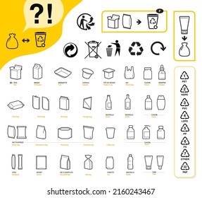 A set of packaging type icons for recycled sorting. Vector elements are made with high contrast, well suited to different scales. Ready for use in your design. EPS10.	 - Shutterstock ID 2160243467