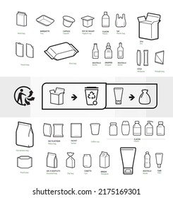 A set of packaging type icons for recycled sorting. Vector elements are made with high contrast, well suited to different scales. Ready for use in your design. EPS10.	