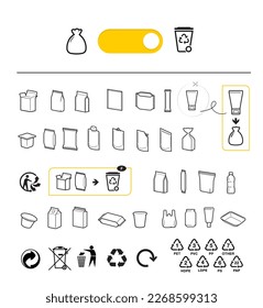 A set of packaging type icons for recycled sorting. Vector elements are made with high contrast, well suited to different scales. Ready for use in your design. EPS10.	