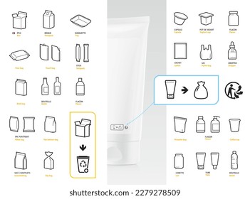 A set of packaging type icons for recycled sorting. Vector elements are made with high contrast, well suited to different scales. Ready for use in your design. EPS10.	