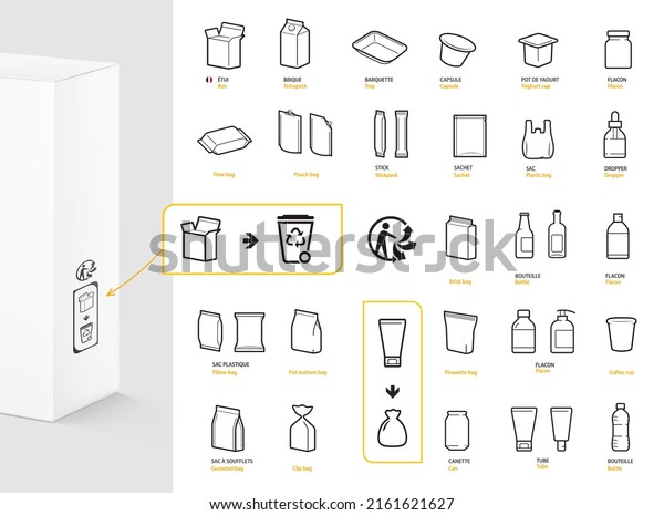 A set of packaging type
icons for recycled sorting. Vector elements are made with high
contrast, well suited to different scales. Ready for use in your
design. EPS10.	