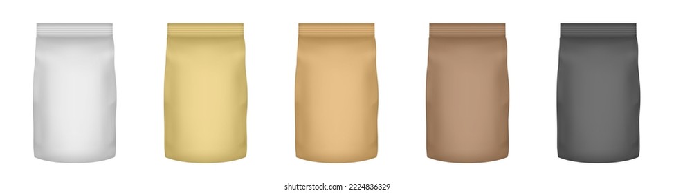 Conjunto de envases. Bolsas de papel metálico blancas, doradas, marrones y negras para el diseño de envases. Plantilla de recolección para refrigerios, galletas, cacahuetes, dulces