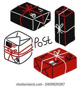 set of packed boxes, parcels with stamps. Everything is packed and delivered on time, mailboxes are tied with thread, individual illustrations, a vector collection of colored boxes. Red, Black, White