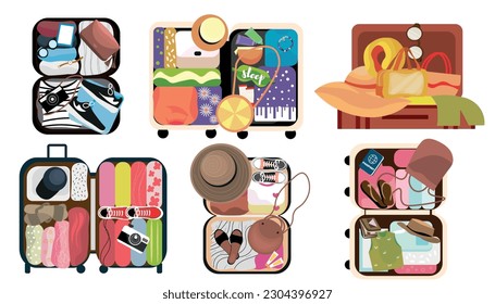 Set of packed suitcases on white background