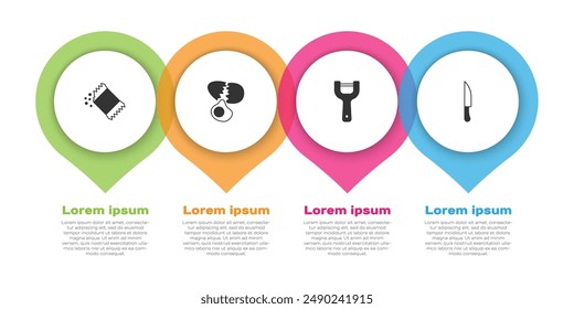 Set Paquete de pimienta, huevo roto, pelador de verduras y cuchillo. Plantilla de infografía de negocios. Vector