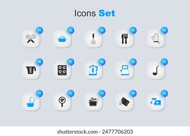Set Packet of pepper, Gas stove, Cooking pot, and spice, Kitchen meat grinder, ladle, Spatula and Electric kettle icon. Vector