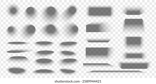 Set of packing box or banner overlay shadow effects. Different realistic soft grey shapes. Rectangle, round and oval shades isolated on transparent background. Vector realistic illustration.