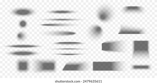 Set of packing box shadow effects. Different realistic soft grey shapes. Square and rectangle, round and oval package shades isolated on transparent background. Vector realistic illustration.