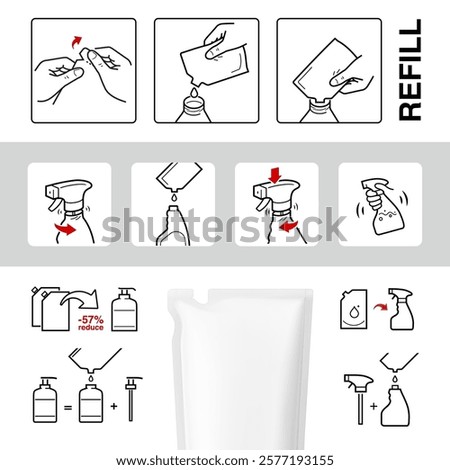 A set of packing icons for the refilling process. Contrasting elements are good for different backgrounds. Can be use for refilling soap, liquids and other. Editable stroke outline. EPS10.	 