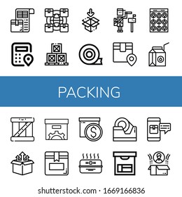 Set of packing icons. Such as Packing list, Logistics, Boxes, Packaging, Duct tape, Paperboy, Package, Milk box, Box, Cardboard box, Tape , packing icons