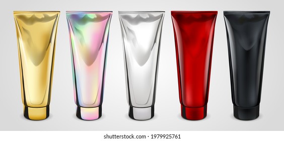 Set of Packing metallic 3d realistic Tubes for Cosmetics Isolated On Light Background. Here Can Be Creams, Toothpaste, Gel, Sauce, Paint, Glue, Lotions, Medicines. Use Mockup for Your Design