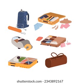 Conjunto de maletas abiertas de embalaje llenas de ropa y documentos, mochila de viaje con dormir, bolsa de camping, ilustración vectorial aislada en fondo blanco en estilo plano para el concepto de viaje Tiempo a