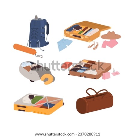 Set of packing open suitcases full of clothes and documents, travel backpack with sleeping, camping bag, vector illustration isolated on white background in flat style for Time to travel concept