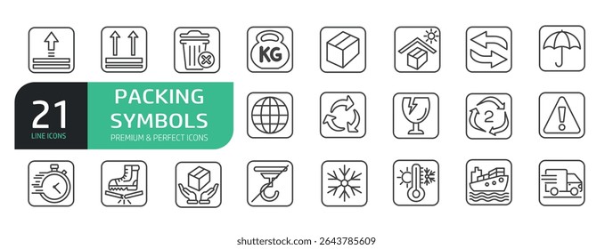 Conjunto De Ícones De Linha De Símbolo De Embalagem. O conjunto inclui um serviço de transporte, frágil, para proteger do sol, processamento, protegido da umidade e muito mais.