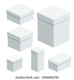 Set of packing white boxes. Flat vector cartoon illustration. Objects isolated on a white background.