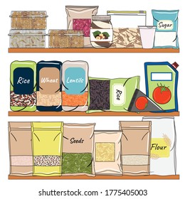 Set of packs of cereals, grains, nuts on shelf for kitchen storage. Hand drawn vector illustration. Isolated on white background.