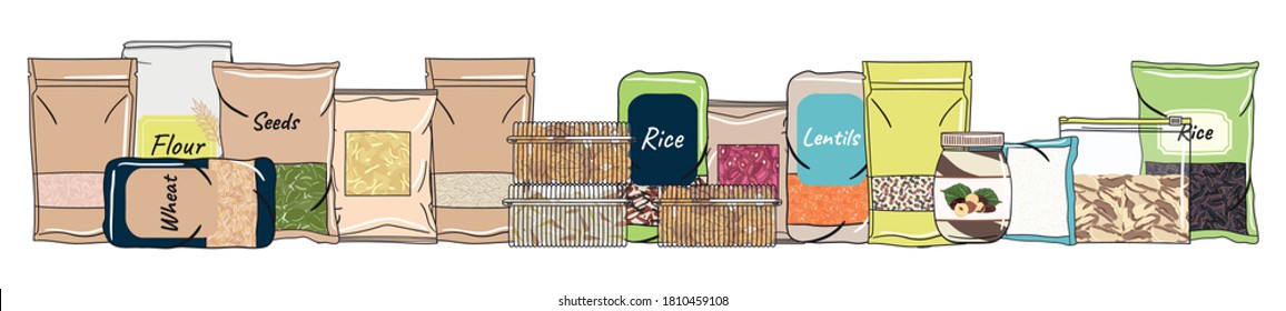 Set Of Packs Of Cereals, Grains, Nuts On Shelf For Kitchen Storage. Hand Drawn Vector Illustration. Isolated On White Background.