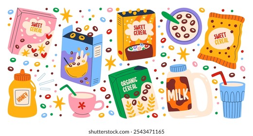 Conjunto de paquetes con cereales dulces, hojuelas de maíz y botella de leche para el desayuno y la preparación de bocadillos. Mañana saludable sabrosa y crujiente granola avena comida para la Ilustración vectorial de doodle de cocina de gachas de lácteos