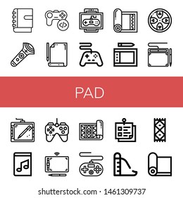 Set of pad icons such as Notebook, Controller, Game, Paper, Yoga mat, Drawing tablet, Gamepad, Graphic tablet, Music book, Carpet, Sticky note, Slide , pad