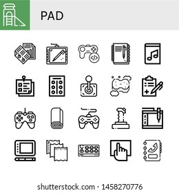 Set of pad icons such as Slide, Paper, Graphic tablet, Game, Notebook, Music book, Sticky note, Tablets, Joystick, Sponge, Medical report, Gamepad, Roll, Touchscreen, Phone book , pad
