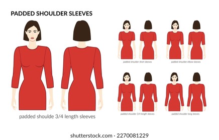 Juego de ropa de mangas de hombro acolchado - largo, corto, 3-4, longitud del codo ilustración de moda técnica con cuerpo empotrado. Plantilla plana de prendas delanteras, laterales traseros. Mujeres, hombres unisex CAD mockup