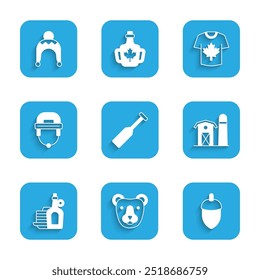 Set Paddle, Bear head, Acorn, Farm house, Syrup with pancakes, Hockey helmet, jersey and Winter hat icon. Vector