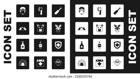 Set Paddle, Beaver animal, Mountains, Hockey helmet, Deer head with antlers, Wooden axe, Canada flag on shield and Bottle of maple syrup icon. Vector