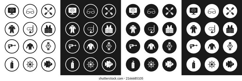 Juego de remo, máscara de buceo y tubo, traje de baño, concha de mar de vieira, chaleco salvavidas, gorra de gafas, mira y icono de arpón de pesca. Vector