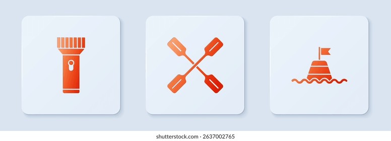 Set Paddle, Flashlight and Floating buoy on the sea. White square button. Vector