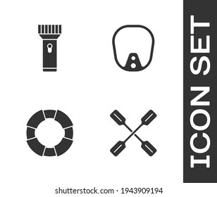 Set Paddle, Flashlight, Lifebuoy and Diving mask icon. Vector